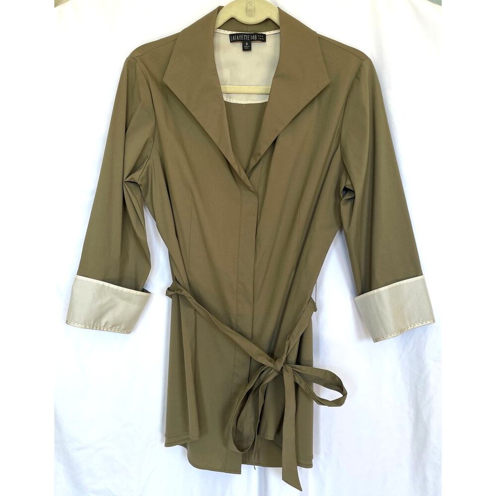Lafayette 148 Button Up Tunic Shirt, Khaki Olive Green, 10